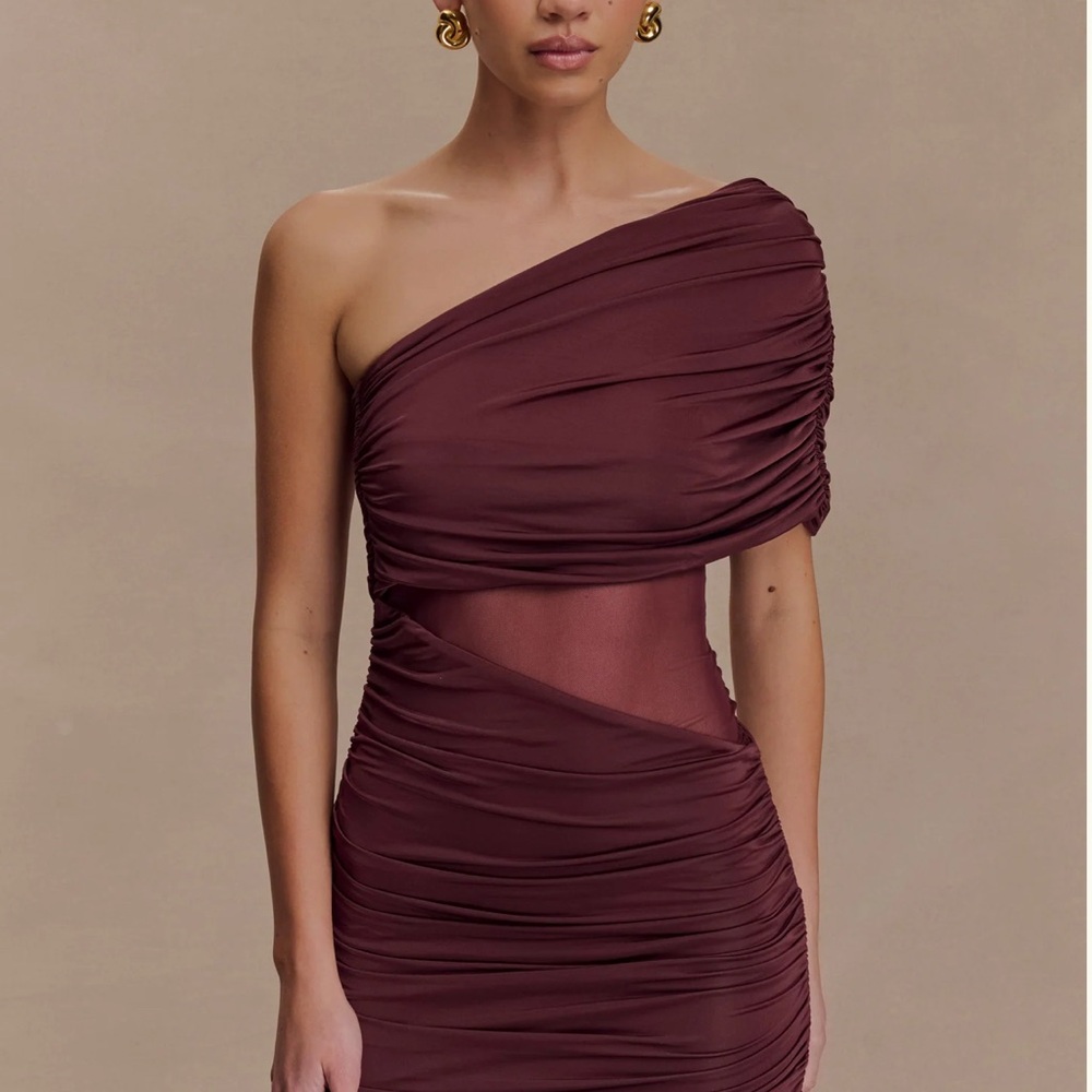 Dallas Meshki One-Shoulder Ruched Mahogany Dress